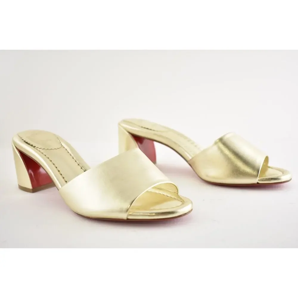Christian Louboutin Jane Mule 55 Platine Gold Leather Backless Sandal Heel 39